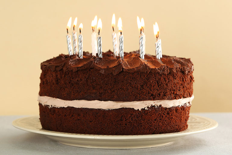 Chocolate Birthday-Cake with candles on a plate lifestyle image