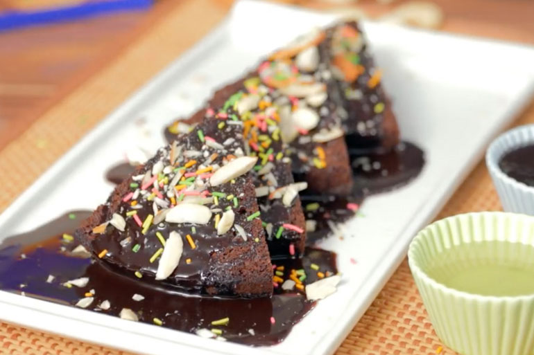 Chocolate Cake Shahi Tukda on a plate lifestyle image