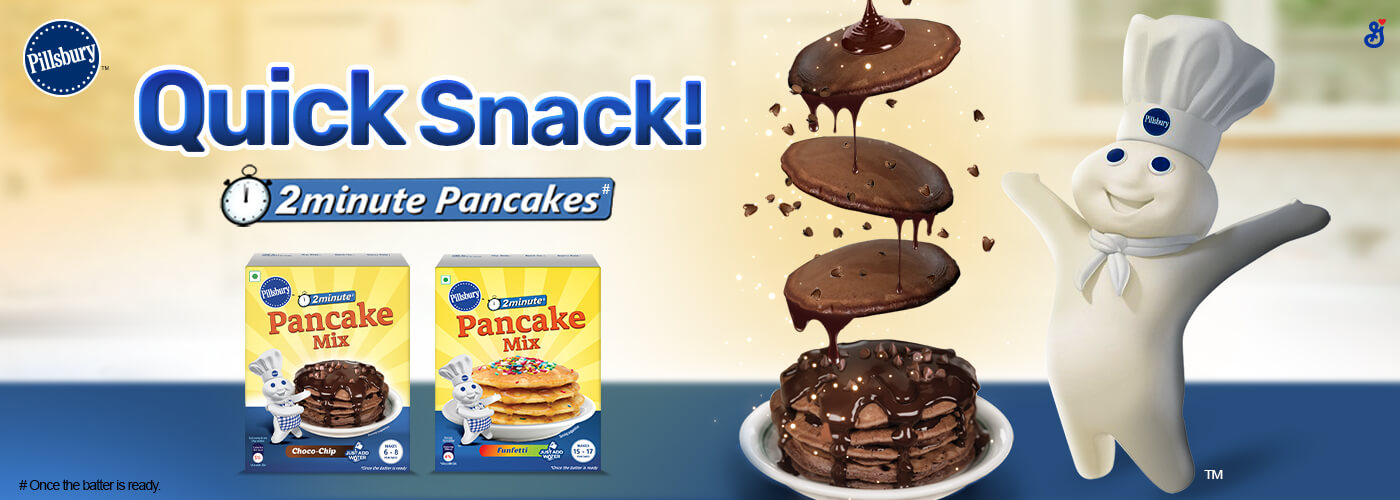 Quick Snack with chocolate pancakes and Pancake Mix packaging images