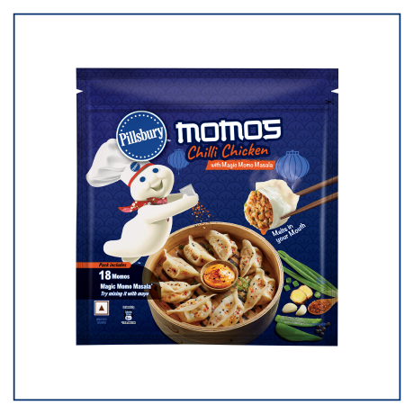 Front view packshot of 18 count Chilli Chicken Momos with Magic Momo Masala