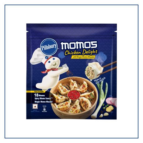 Front view packshot of 18 count Chicken Delight Momos with Magic Momo Masala