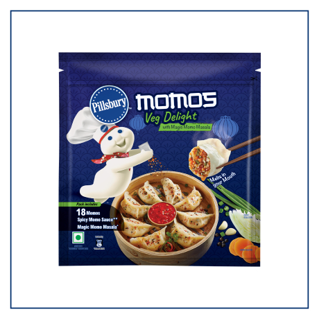 Front view packshot of 18 count Veg Delight Momos with Magic Momo Masala